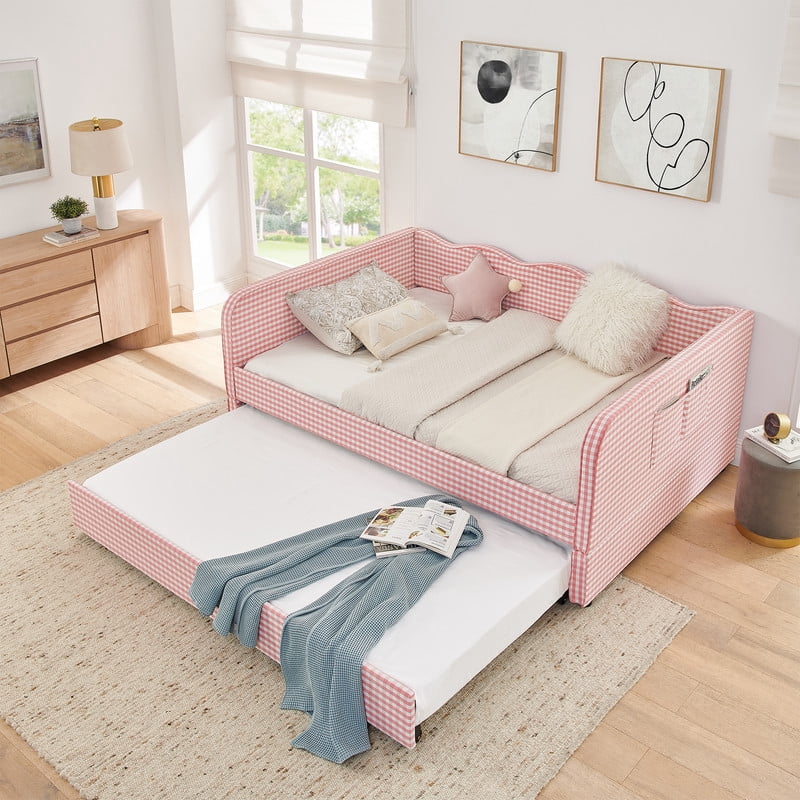 Full Size Daybed with Pop Up Trundle, Gingham Twin to King Daybed with Side Storage Pockets, Upholstered Sofa Bed Frame for Living Room Bedroom, No Box Spring Needed