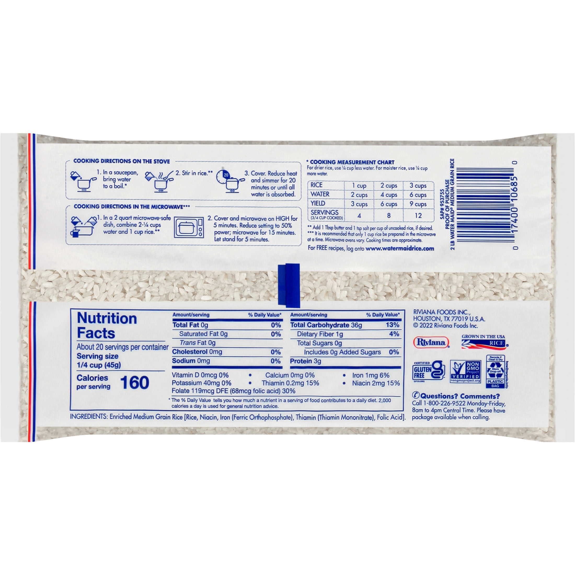 (2 pack) Water Maid® Enriched White Rice, Medium Grain Rice, Gluten Free, 2 lb Bag