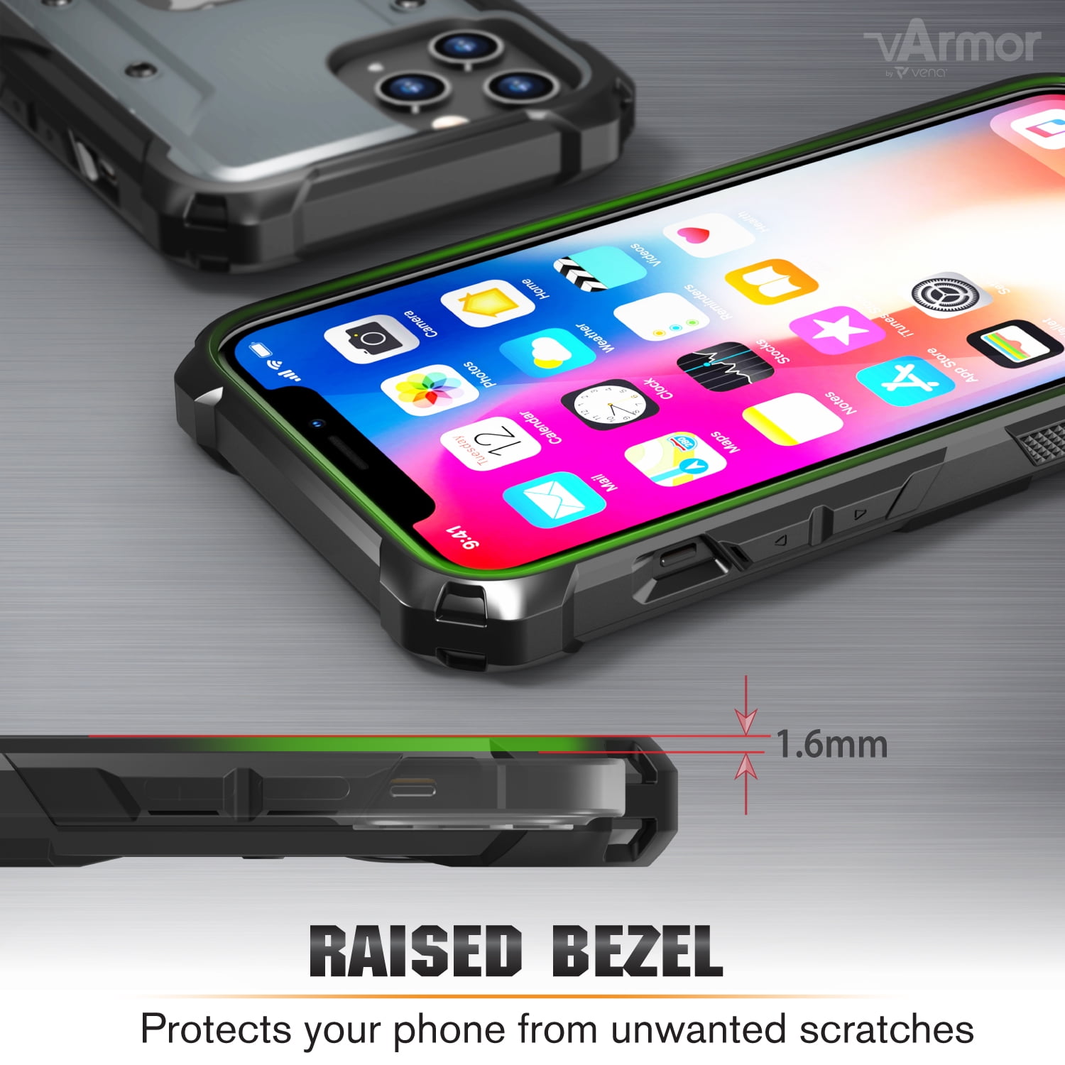 Vena iPhone 12 Pro Max (6.7") Case, [vArmor] Rugged Military Grade Heavy Duty Case with Belt Clip Swivel Holster and Kickstand - Space Gray / Black