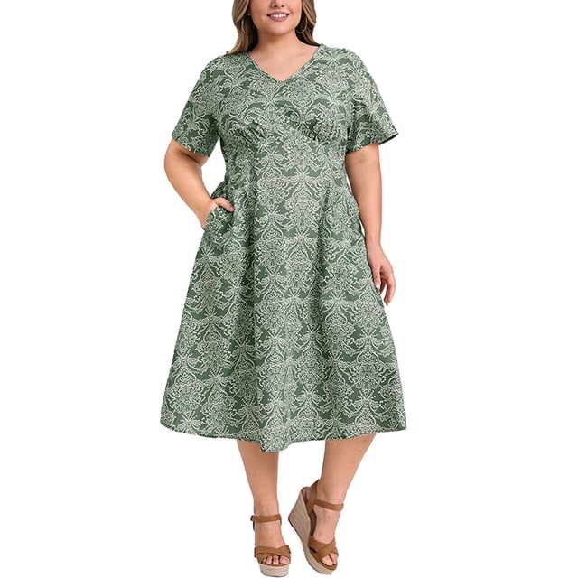 Vestido de mujer de talla grande GRACE & GRANDEUR, vestido maxi bohemio con cuello en V, manga corta y bolsillos, talla 4X, gris verdoso