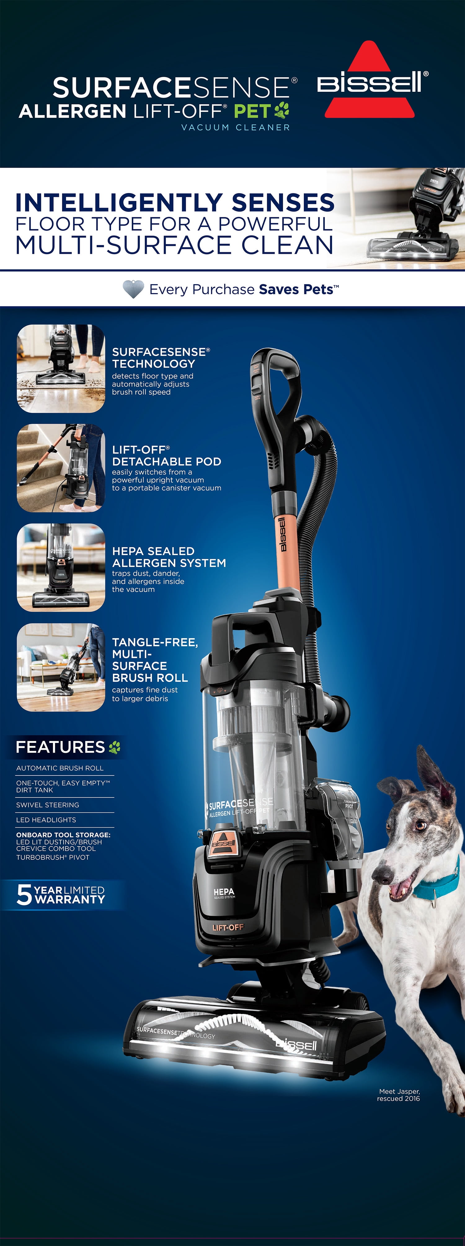 BISSELL SurfaceSense Allergen Lift-Off Pet, Bagless, Upright Vacuum, Pet Friendly, Surface Detect Technology, LED Headlights, Tangle-Free Brush Roll, 3415, Black & Copper
