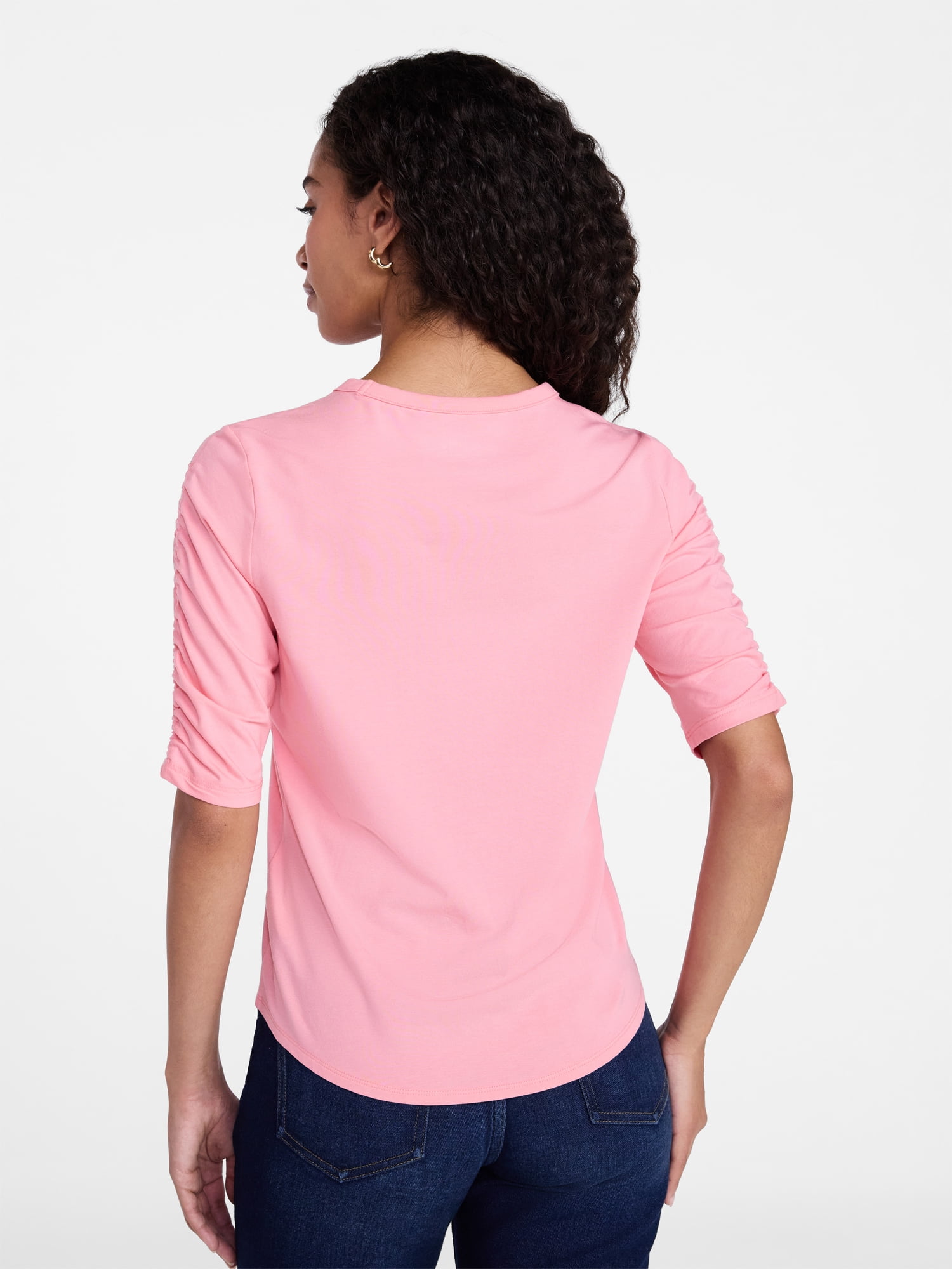 Time and Tru Women's Ruched Elbow Sleeve Tee, Sizes XS-XXXL