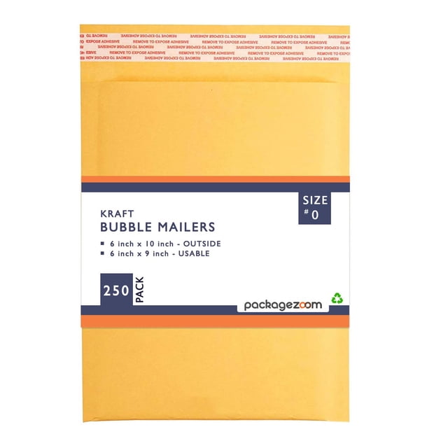 PackageZoom #0 6x10 Padded Envelopes Kraft Bubble Mailer Shipping Envelopes 250 Pack