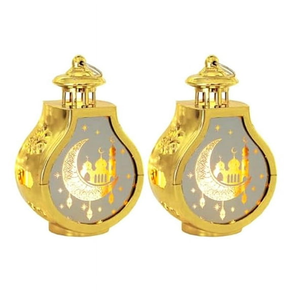 2 Pcs Ramadan Lantern Vintage Candle Decorative Hanging Eid Mubarak Gold Home Decor