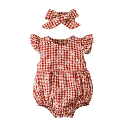 

Infant Baby Girls Ruffles Plaid Bodysuit Outfits Sleeveless Crew Neck Floral Plaid Romper Headband 2pcs Sets
