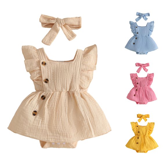 RMGVDSD Baby Girl Clothes Summer Romper Dress Ruffle Sleeveless One-Piece Bodysuit with Bow Headband Solid Color Cute Outfits 12-18 Months