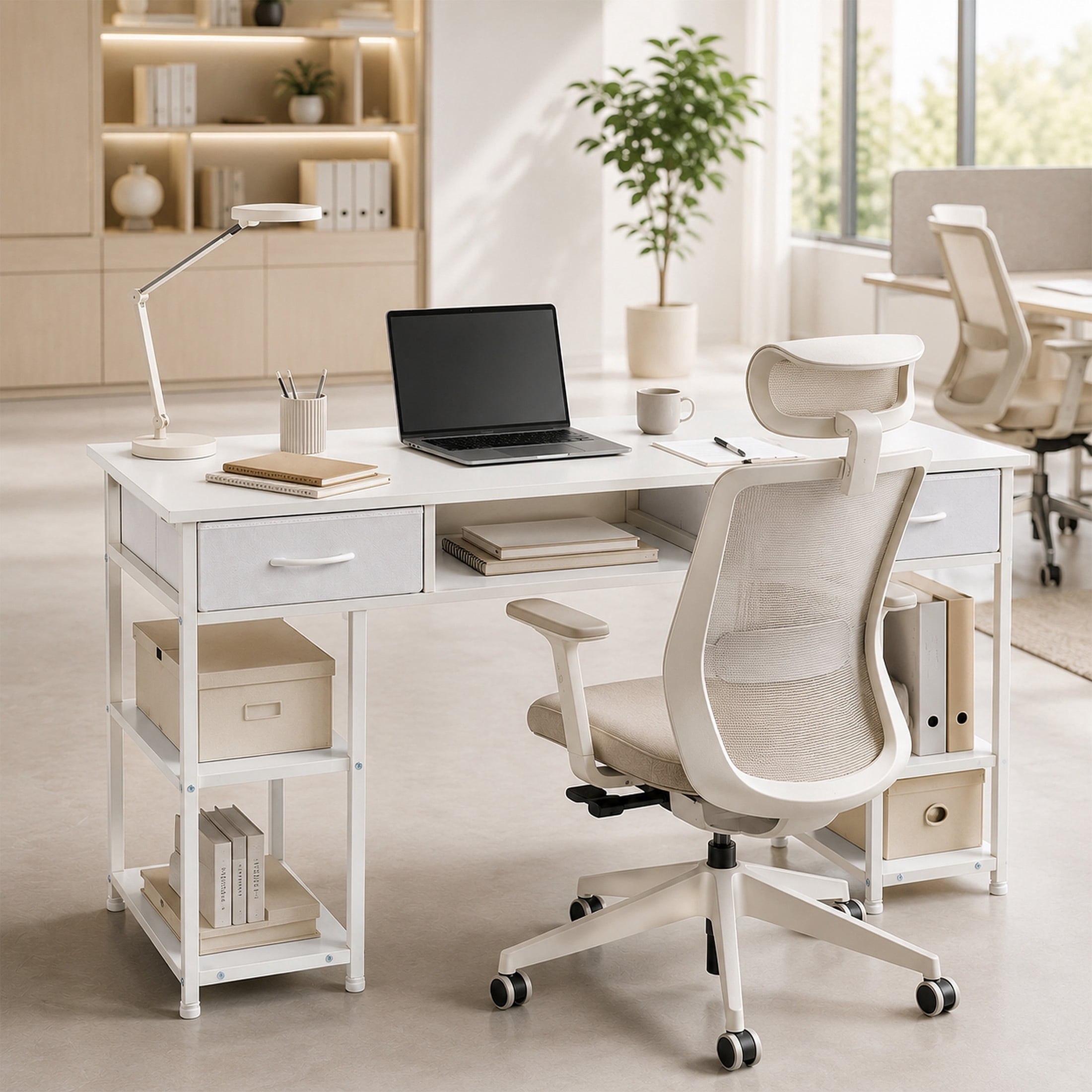 edx Small Desk with Drawers & Storage Shelves, 48 Inch Computer Desk Modern White Desk Gaming Writing Desk Study Table for Home Office, White