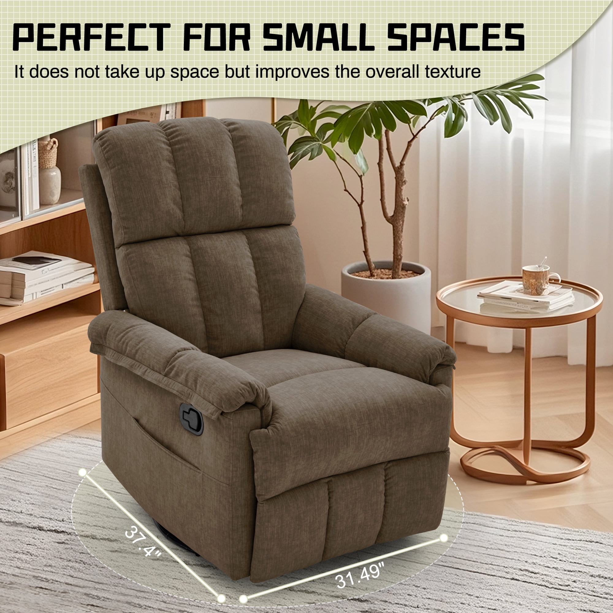 Korser 360°Swivel Recliner Chair for Adults with Side Pockets,Small Rocking Recliner for Small Spaces for Living Room,Nursery,Brown