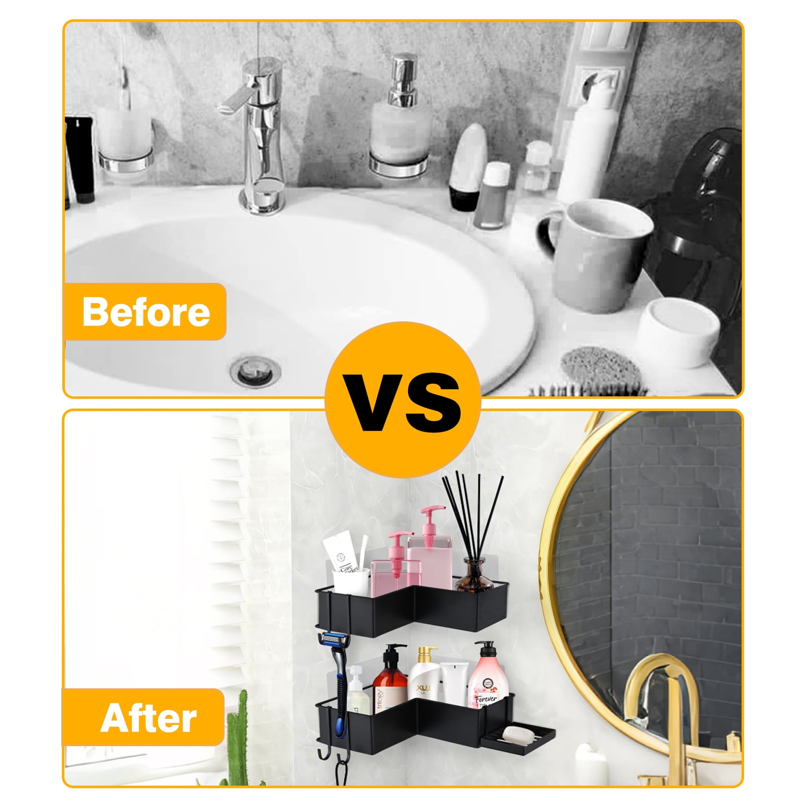 2 Pack Drill-Free Adhesive Corner Shower Caddy Organizer with Soap Holder and 4 Hooks