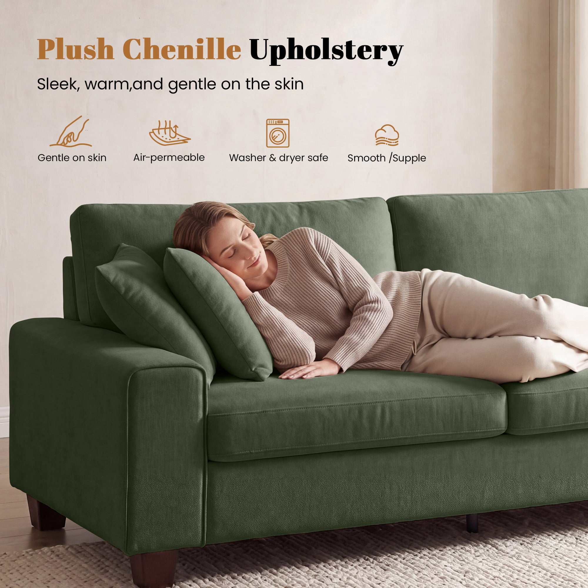 Poshby 88.58''W 3 Seater Sofa Couch with Chenille, Modern Square Arm for Living Room, Light Green