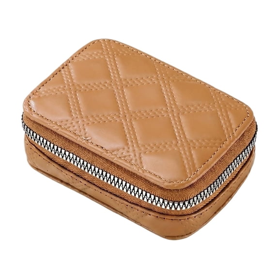 Portable Leather Travel Makeup Bag with Mirror Quilted Small Jewelry Organizer Case Lipstick Pouch Cosmetic Storage Bag for Purse Brown