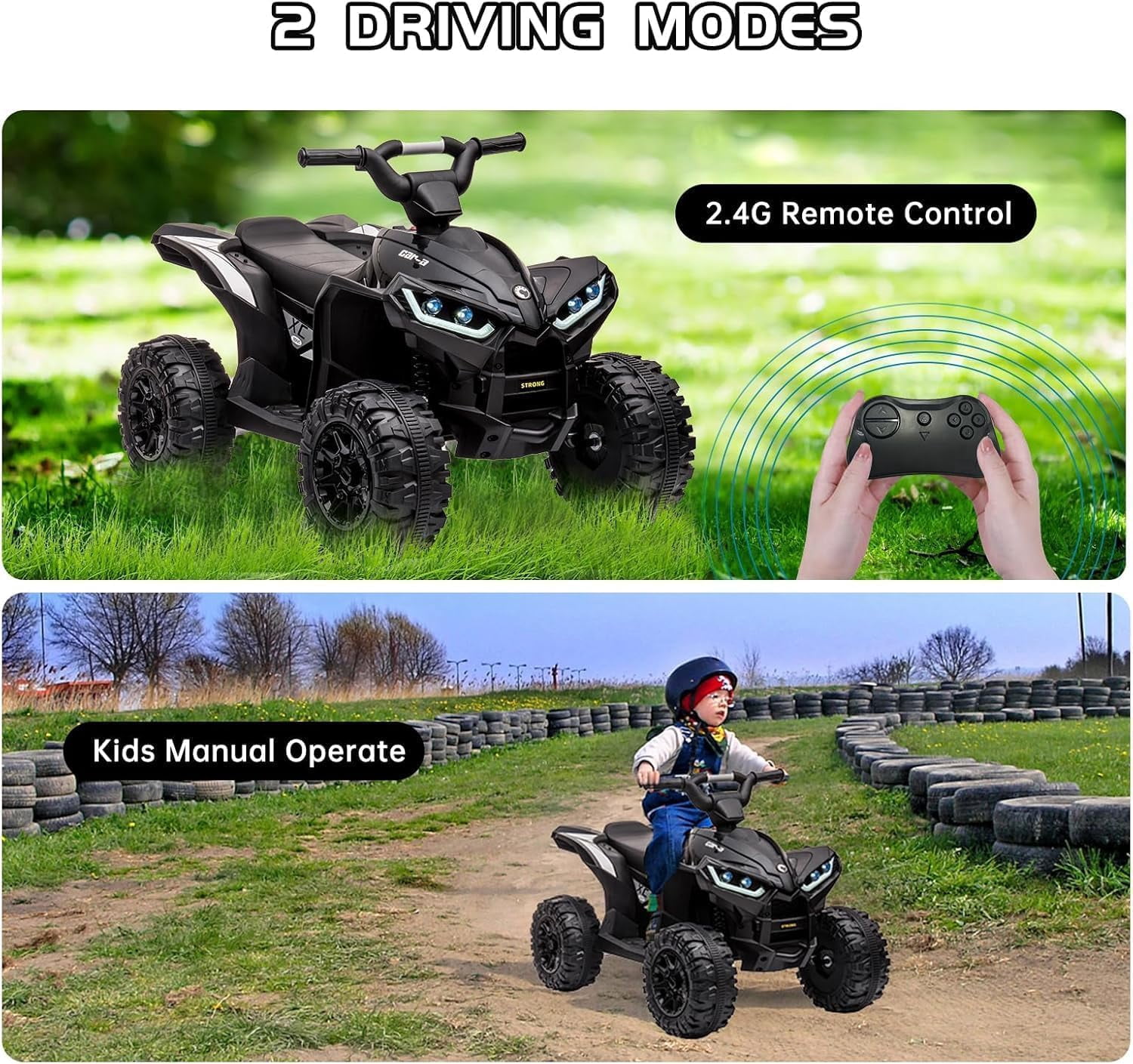 Roromall 12V Kids Ride On ATV, Battery Powered, Electric 4-Wheeler with Music, Led Lights, High and Low Modes, USB, Treaded Tires, Suitable for Boys and Girls