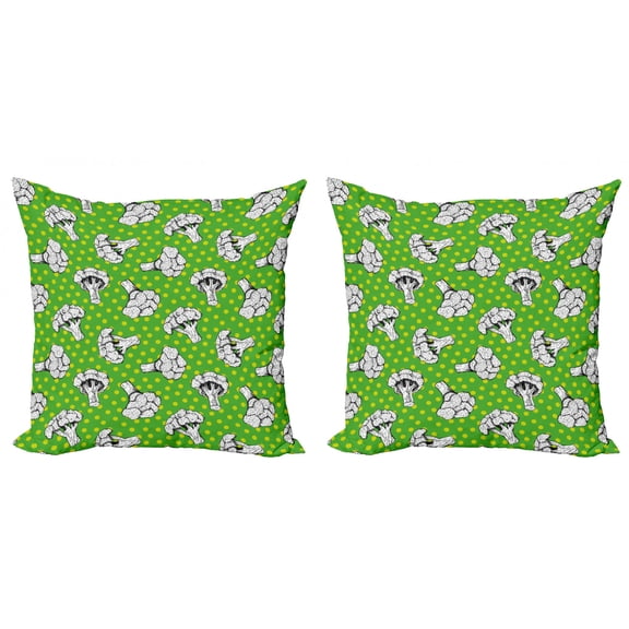 Retro Throw Pillow Cushion Cover Pack of 2, Digital Drawings of Broccoli on Tiny Polka Dots, Zippered Double-Side Digital Print, 4 Sizes, Fern Green Yellow White, by Ambesonne