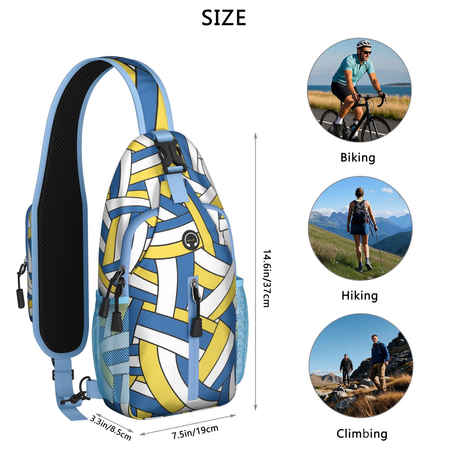 Sports Print Sling Backpack with Baseball, Football, and Soccer Themes – Water-Resistant Crossbody Bag with Anti-Theft Pocket, Large Storage Compartments, Adjustable Strap