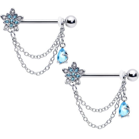 Body Candy 14G Womens Nipplerings Piercing Stainless Steel 2Pc Snowflake Flower Blue Chain Dangle Nipple Ring Set 9/16"