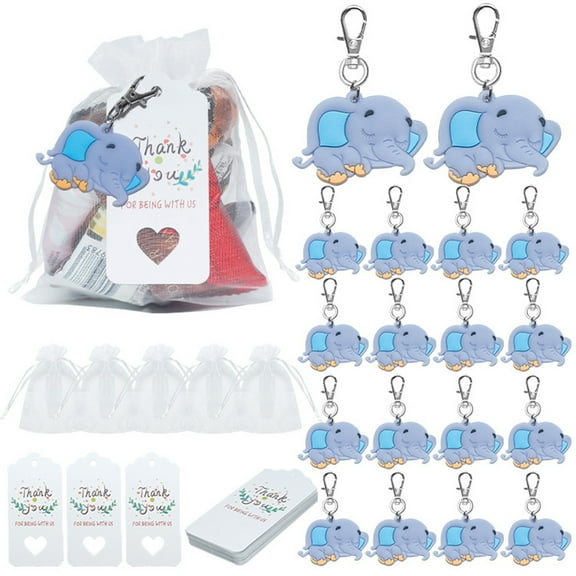 30Pcs Baby Shower Return Favors for Babys Elephant Keychains Organza Bag Thank You Kraft Elephant Theme Party Favor