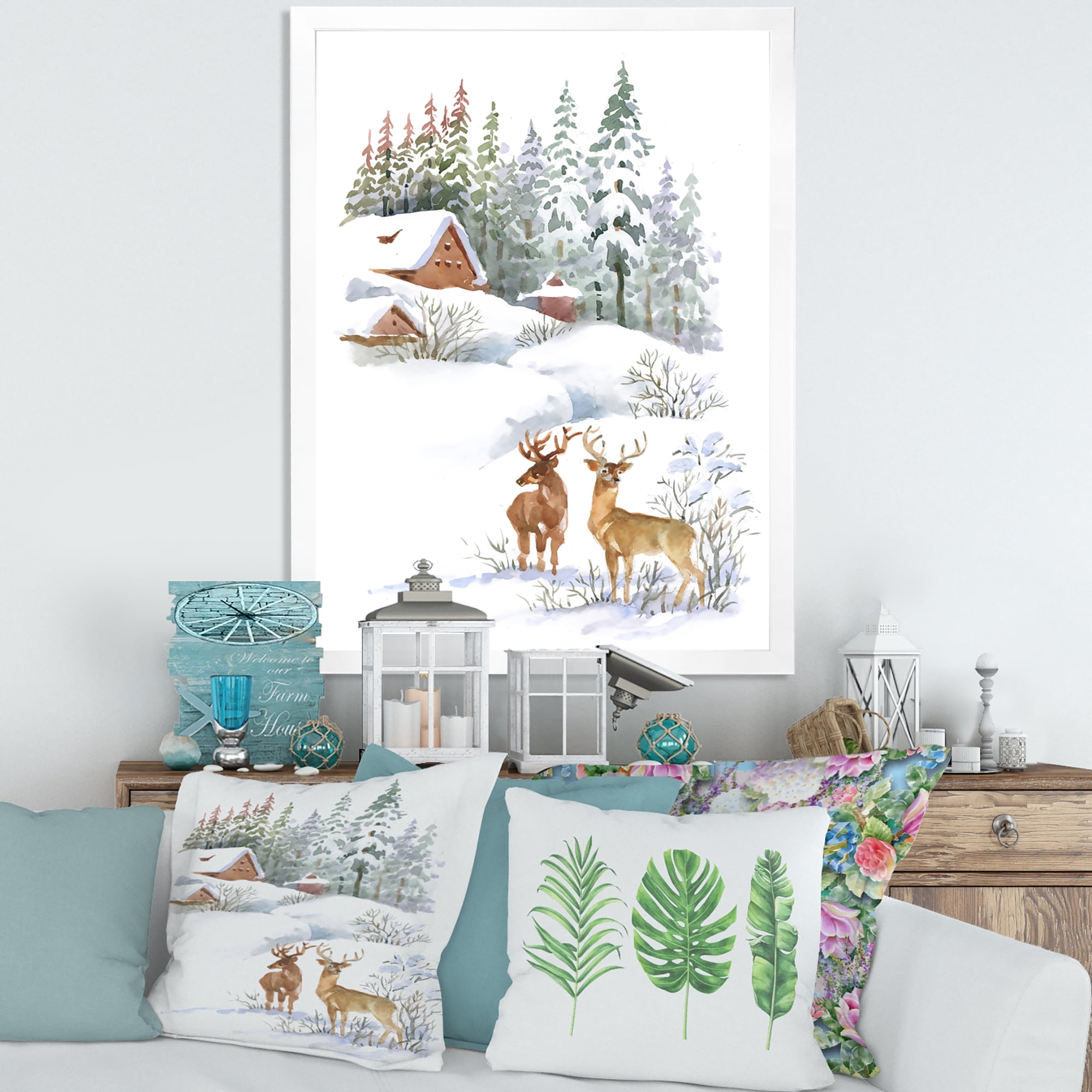 Designart 'Two Deers With Winter Cottage' Farmhouse Framed Art Print