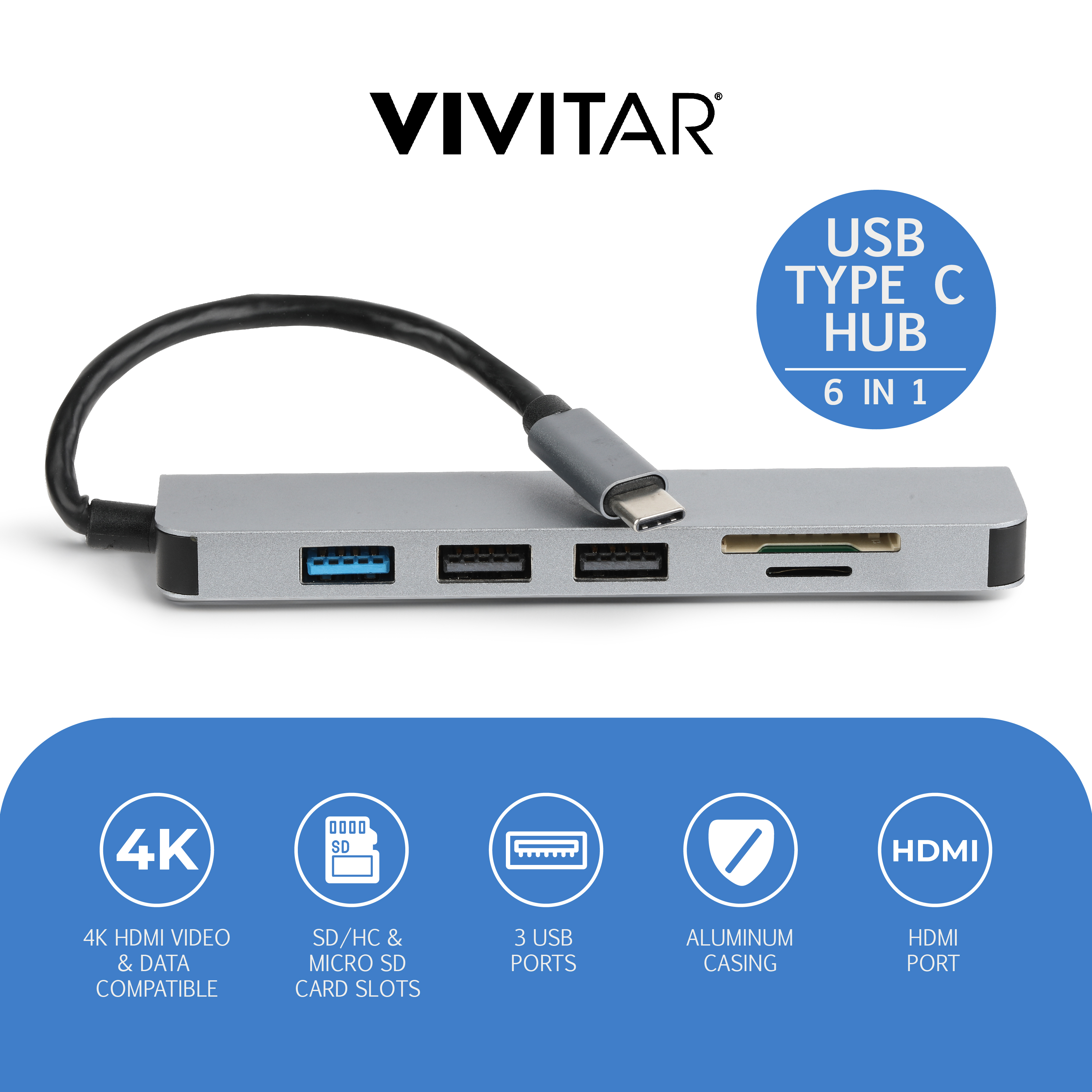 Vivitar 6-in-1 USB-C Hub with SD Card Reader, HDMI photo 2