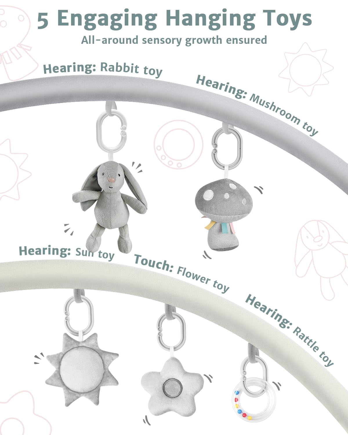 Baby Gym Play Mat, Sitting-up Babies Seats for Infants,with 5 Detachable Toys, Infant Toddler Activity Tummy Time Playmats for Newborn 0-12 Months, Grey