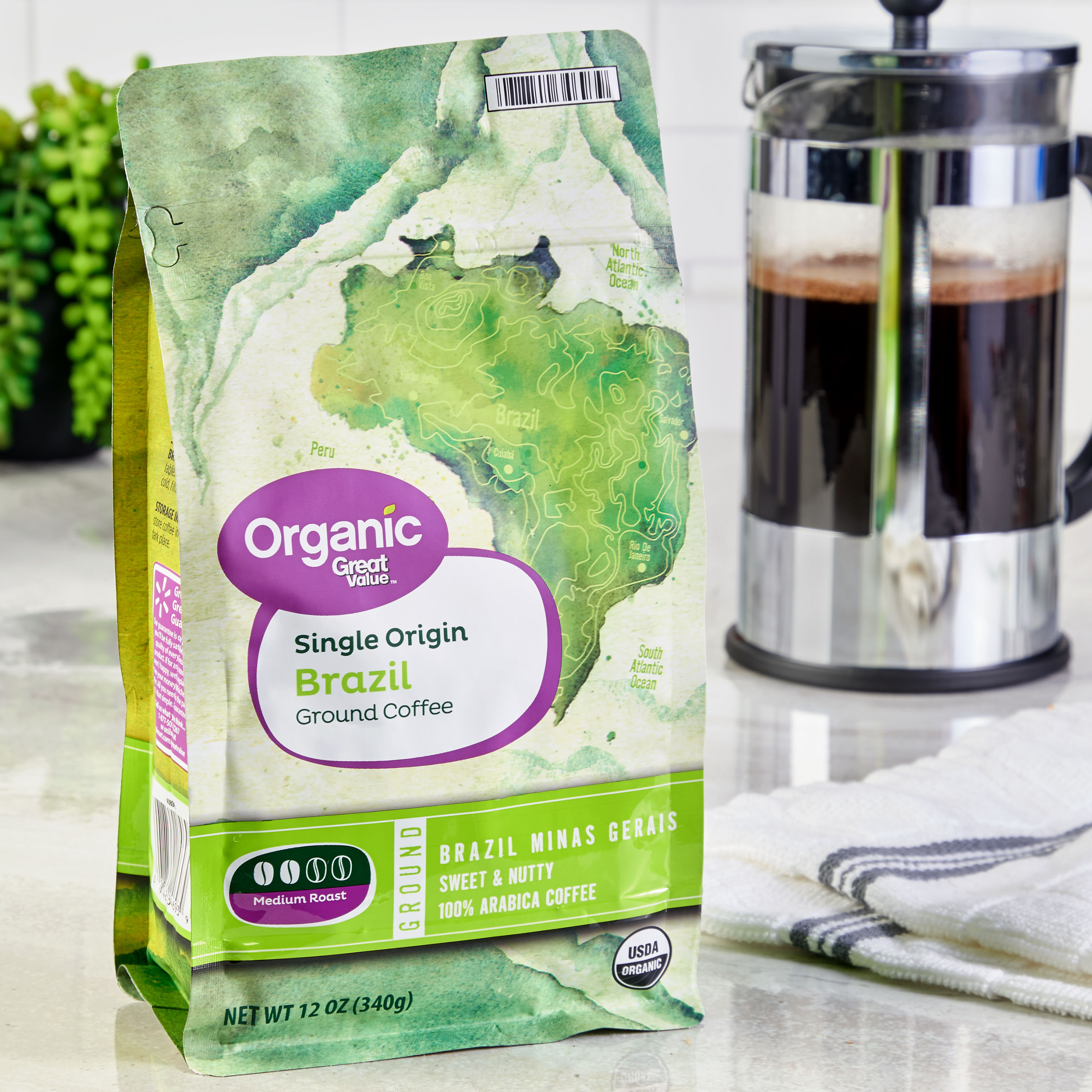 Great Value Organic Single Origin Brazil Ground Coffee, 12 oz