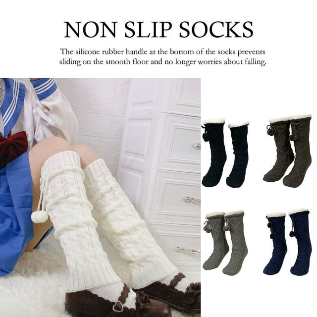 Slipper Socks Breathable Fleece Lined Winter Silicone Rubber Handle Sleep Socks Cute Classic Fuzzy Tall Socking with Pompom Light Gary