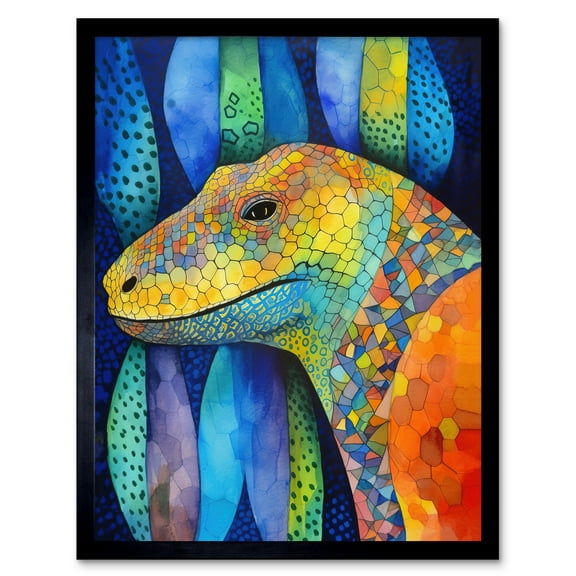 Komodo Dragon Vibrant Folk Art Watercolour Painting Art Print Framed Poster Wall Decor 12x16 inch
