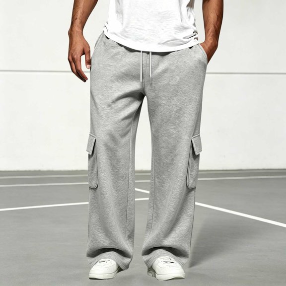 Men's Cargo Wide Leg Sweatpants with Pockets Classic Drawstring Waist Loose Straight Trousers, Soft Knit Casual Daily Sports Pants Gray S