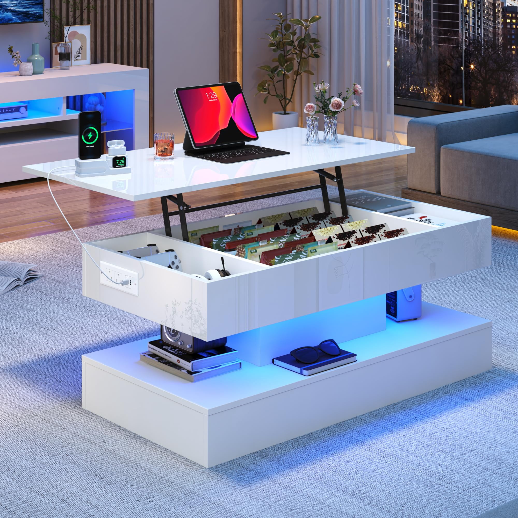 ChVans 39.4" Large Lift Top Coffee Table with Charging Station & LED Lights, Black High Glossy LED Coffee Table with Hidden Compartment Storage, Modern Living Room Tables