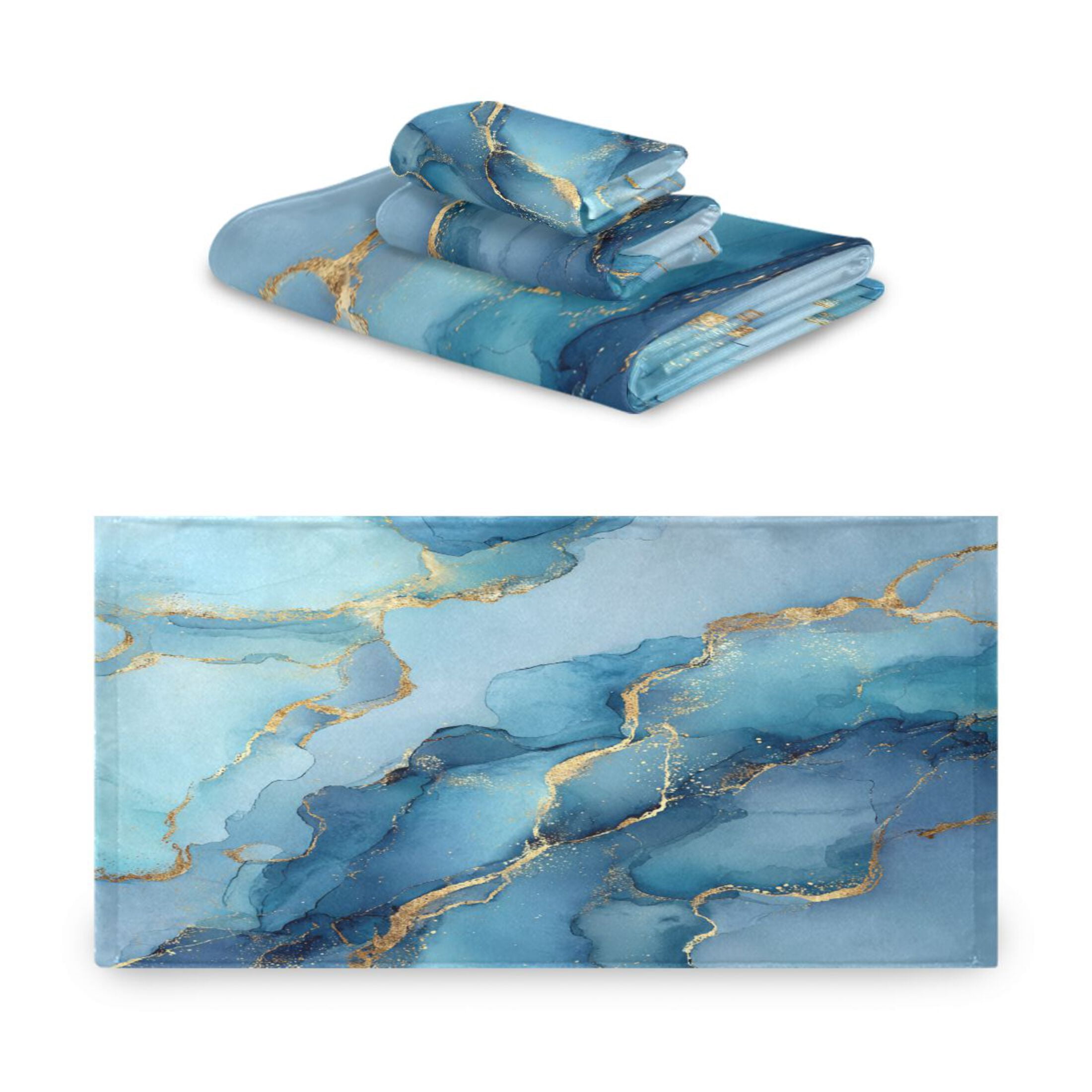 3 Sizes of Towel Sets Including Bath Towel Hand Towel and Washcloth for Daily Use Light Blue Gold Marble Pattern