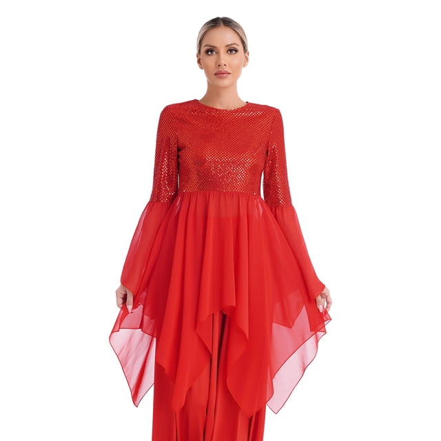 Yanarno Robe de Danse Liturgique de Louange pour Femmes, Costume de Performance de Danse de Culte à Paillettes Patchwork Rouge TTG