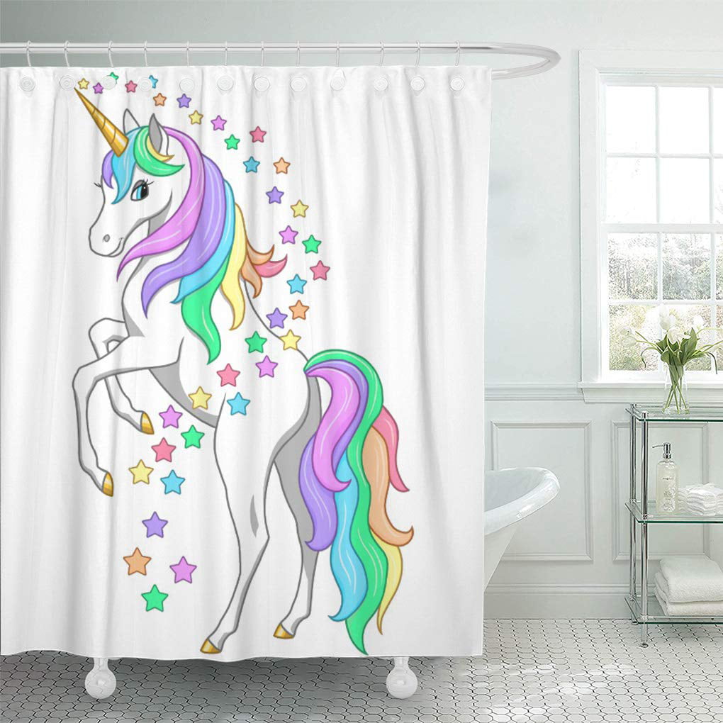 Waterproof Fabric Shower Curtain Set Magic Cute Cartoon Unicorns Rainbow Pattern 