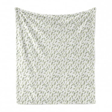 Botany Soft Flannel Fleece Throw Blanket, Simplistic Continuous Olive Branch Pattern, Cozy Plush for Indoor and Outdoor Use, 50" x 70", White Pastel Green, by Ambesonne