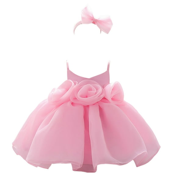 MEZZALL Party Girls Princess Dress Sleeveless Solid Color Flower Birthday Party Dress With Headband Stylish Newborn Sundress, Pink, 6-12 Months