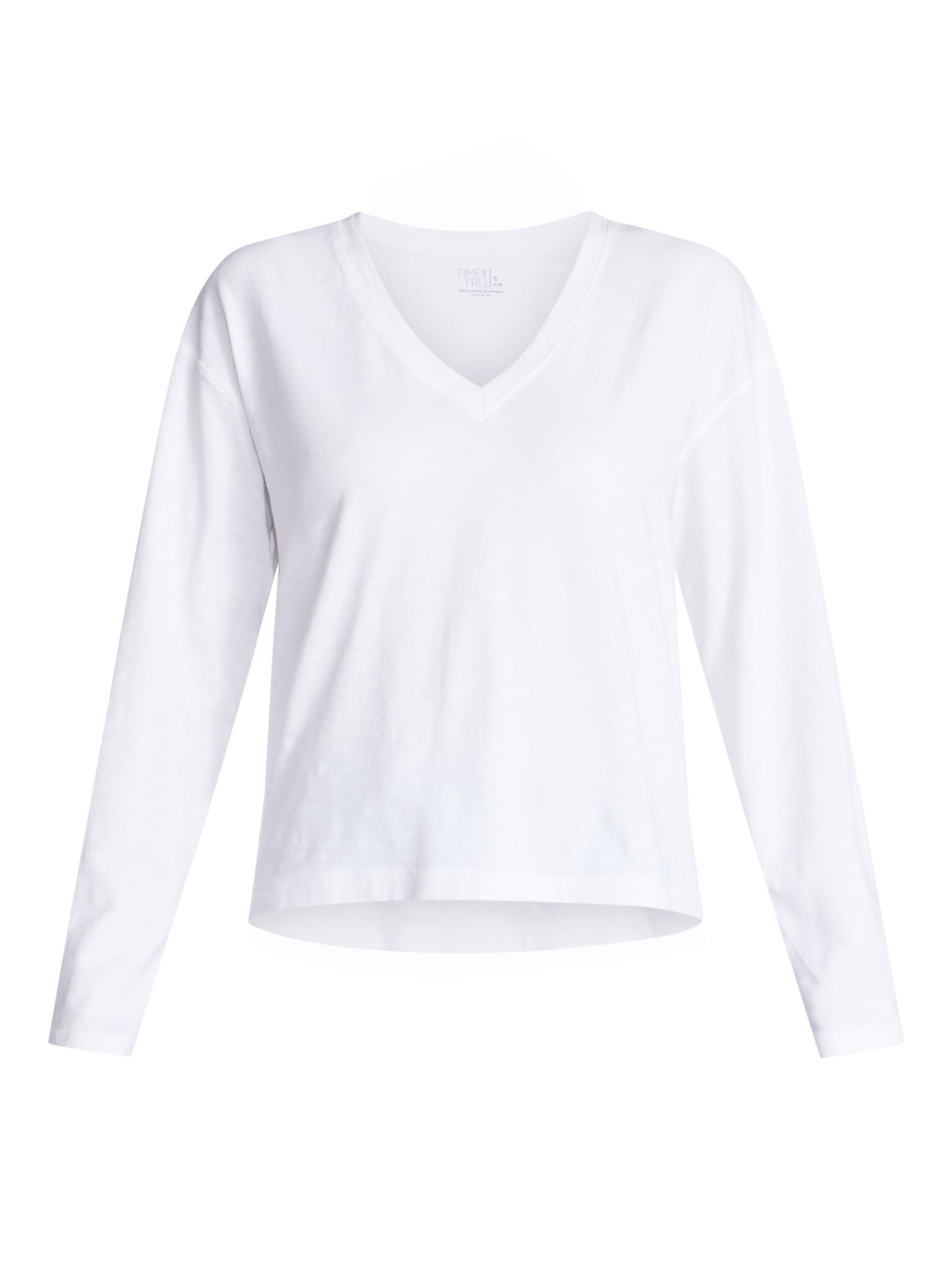 Time and Tru Women's Boxy Slub V-Neck Tee with Long Sleeves, Sizes XS-XXXL