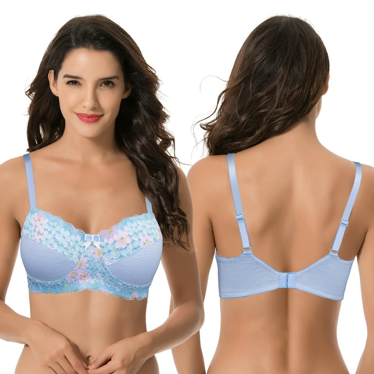 Curve Muse Women's Plus Size Minimizer Wirefree Unlined Bra With Lace Trim-2Pack-PINK,LT  BLUE-40B 