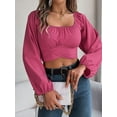 thumbnail image 4 of Women'S Ruched Wrap Square Neck Flounce Long Sleeve Self Tie Crop Top Blouse Rose Red M, 4 of 8
