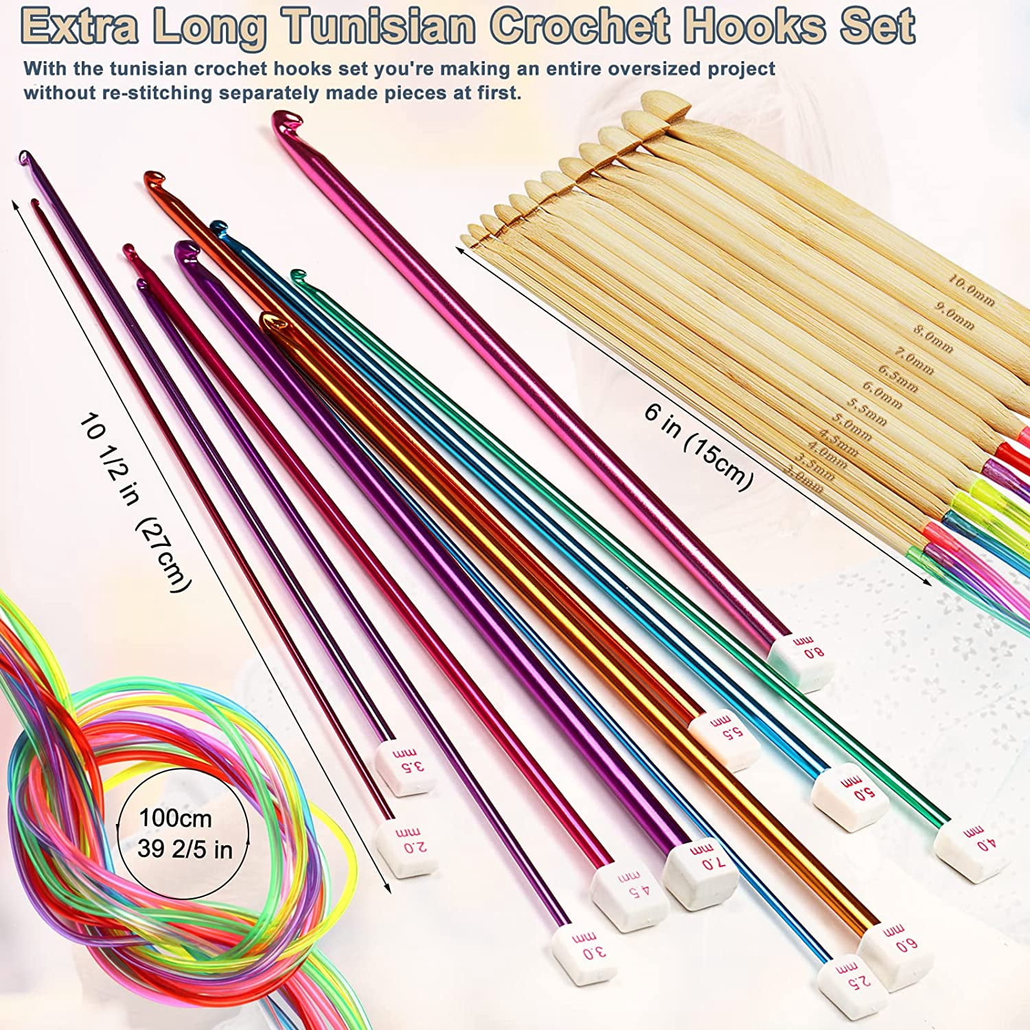 23 PCS Tunisian Crochet Hooks Set Including 11 PCS 2.0-8.0mm Metal Long Crochet Hooks & 12 PCS 3.0-10.0mm Carbonized Bamboo Afghan Crochet Needles with Cable, Crochet Hook Set Extra Long