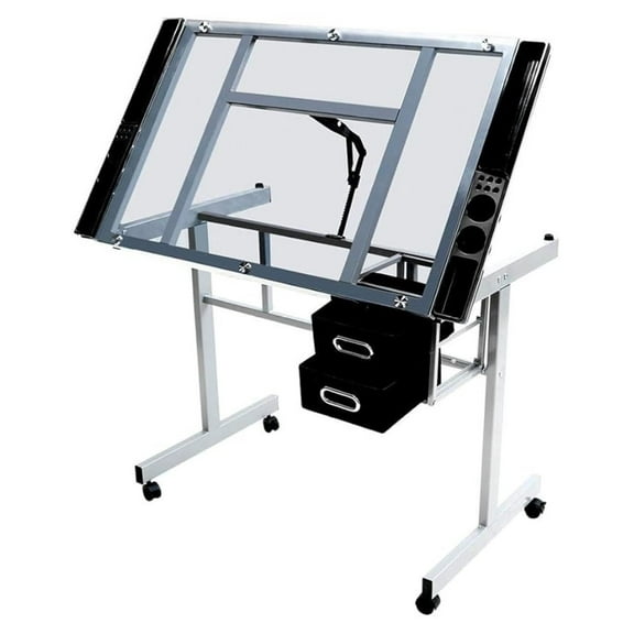 Glass Drafting Table Rolling Drawing Desk Artists Art Desk w/2 Slide Drawers and Wheels for Home Office School
