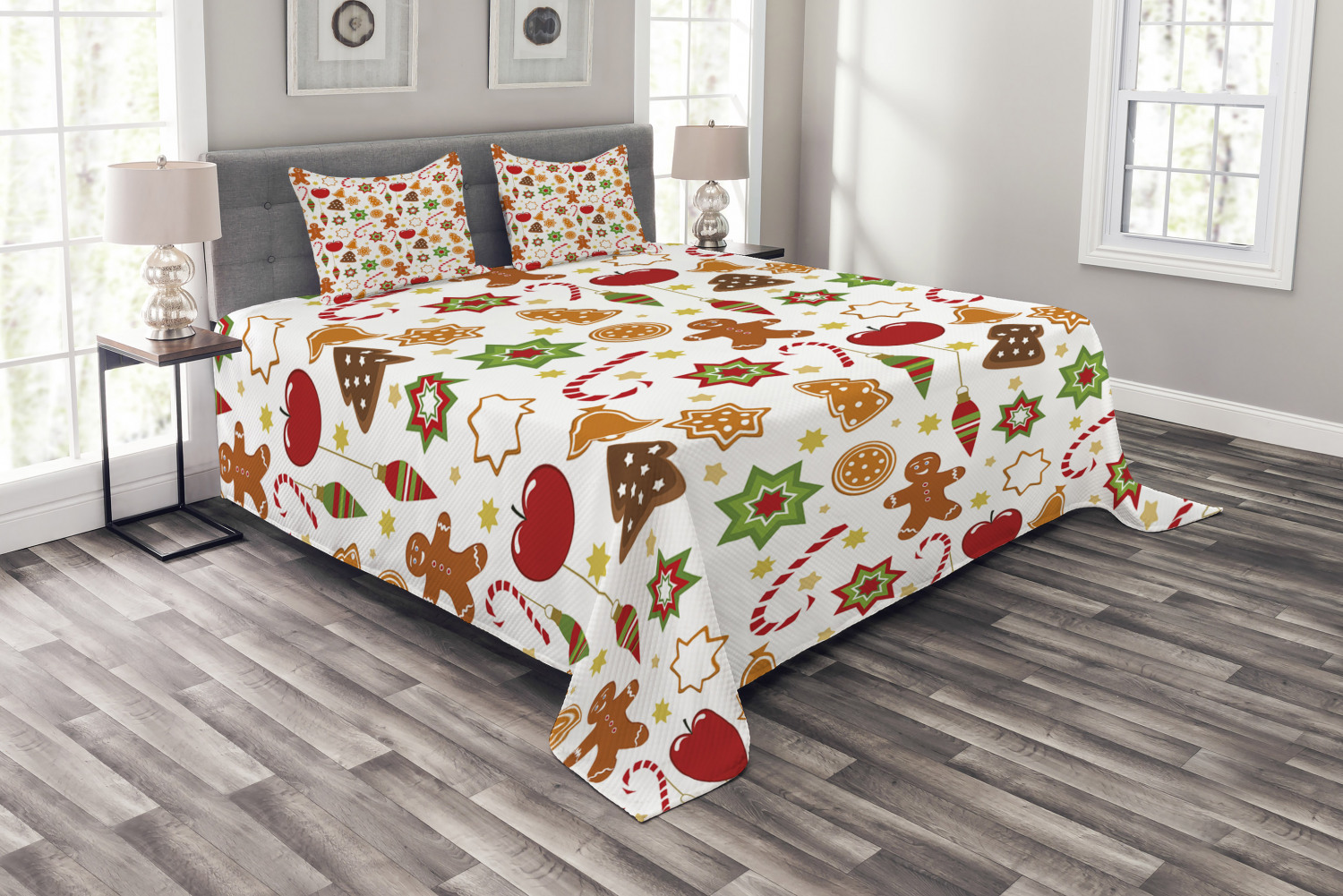 Gingerbread Man Bedspread, Christmas Graphic Pattern Star Cookies