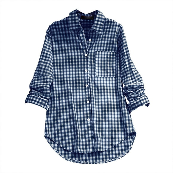 DondPO Womens tops Women's Plaid Lapel Long Sleeve Vintage Shirt top Shirts for Women Linen Shirts for Women Blue L Clearance!