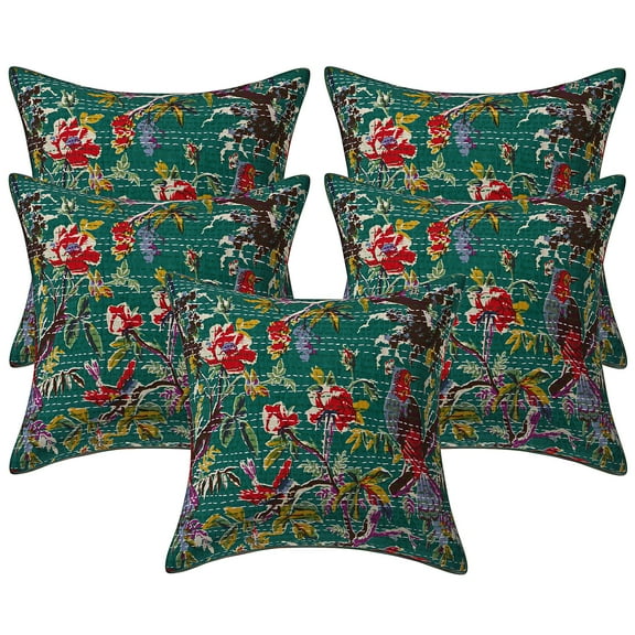 Stylo Culture Ethnic Chair Seat Throw Pillow Covers 16x16 Kantha Emerald Green Printed 40cm x 40cm Home Decor Cotton Bird Square Cushion Covers | Set Of 5