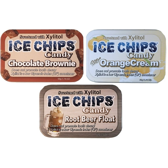 ICE CHIPS Xylitol Candy 3 Pack Assortment (Chocolate Brownie, Orange Cream & Root Beer Float)