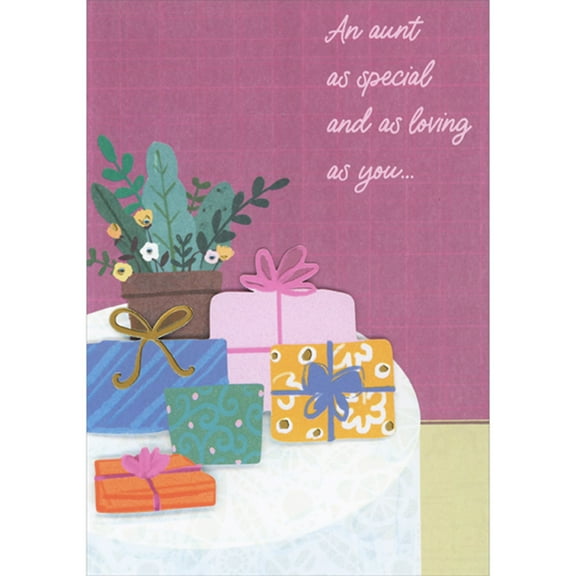 Designer Greetings Die Cut 3D Presents and Flower Pot on White Table in Purple Room Hand Decorated Mother's Day Card for Aunt