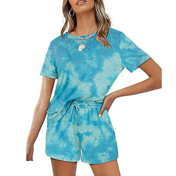 Puntoco Traje de dos piezas con top de un hombro estampado y sólido de verano para mujer y pantalones cortos con bolsillo Puntoco Puntoco-3603