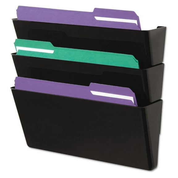 Recycled Wall File 3 Pocket - Black Plastic Hanging File System, Letter Size, 3 Pack - Space Saving Wall Mounted Organizer for Home, Office, School