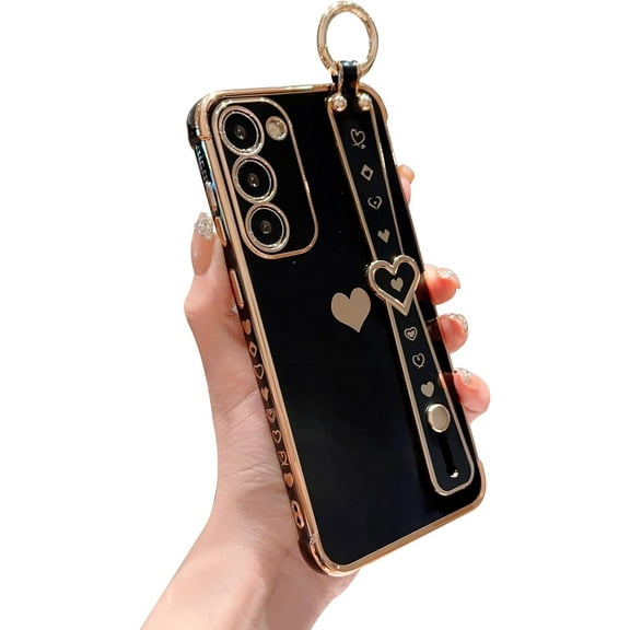 Compatible with Samsung Galaxy S23  Plus 5g Phone Case with Aesthetic Cute Love Heart Wrist Strap Kickstand Luxury Gold Plating Side Pattern Cover Soft Shockproof Stand Holder Bumper (Black)