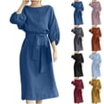 thumbnail image 1 of CFLVAEK Robes en Coton et Lin pour Femmes 2025 Grande Taille Manches Lanterne Mi-Longues Col Ras du Cou Robe Midi Couleur Unie Ceinture Taille Robe Blouson Or XXXXXL, 1 of 9