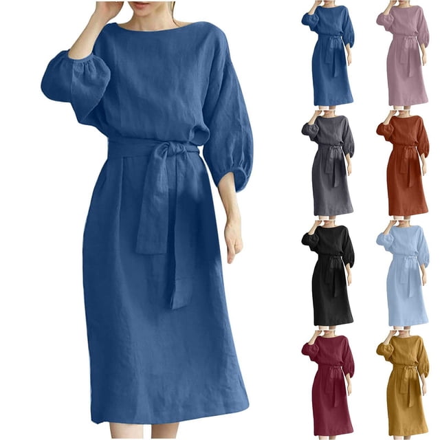 CFLVAEK Robes en Coton et Lin pour Femmes 2025 Grande Taille Manches Lanterne Mi-Longues Col Ras du Cou Robe Midi Couleur Unie Ceinture Taille Robe Blouson Or XXXXXL