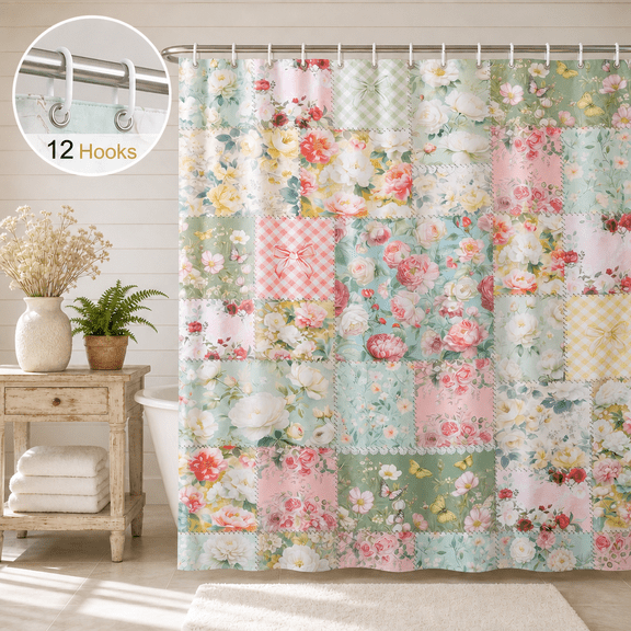 Dznils Floral Shower Curtain with Hooks, Farmhouse Patchwork Fabric Bathroom Curtain, Green Pink, 72" x 72"