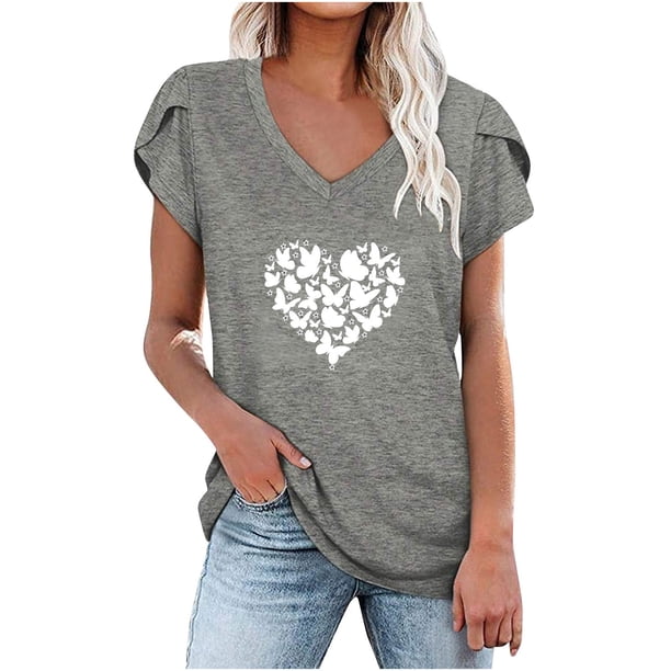 Blusa informal con estampado de manga corta y cuello en V de verano para mujer con estilo OAVQHLG3B Store lin121212